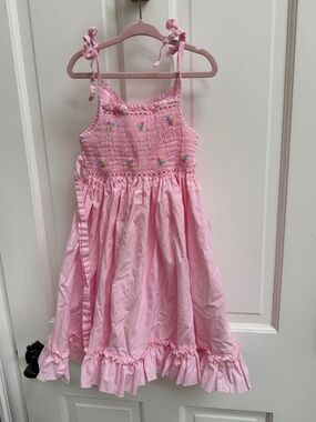 VINTAGE Chocolate Soup Girls 4 Pink Smocked Sundress with Floral Embroidery